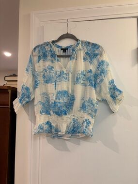 Ann Taylor Ivory Blouse with Blue Toile Print